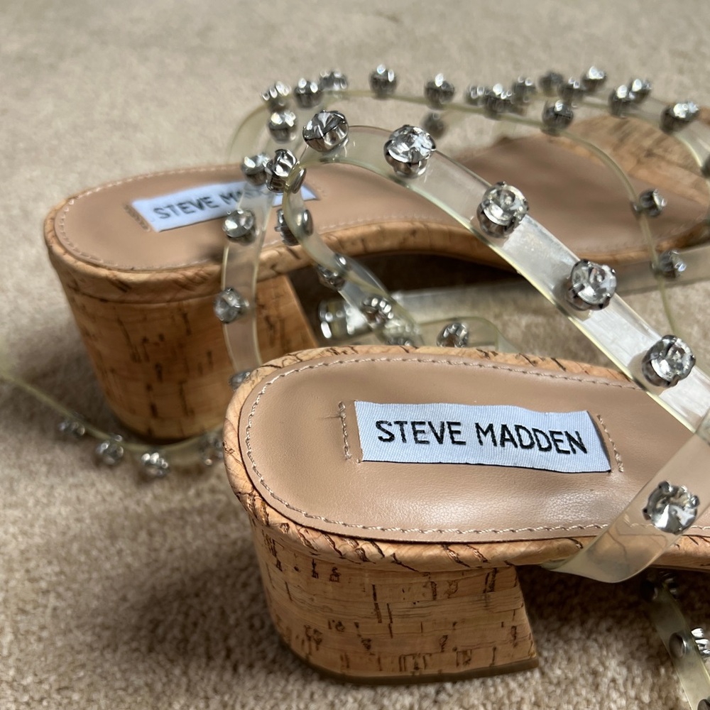 Steve Madden Crystal Embellished Clear and Tan Heels